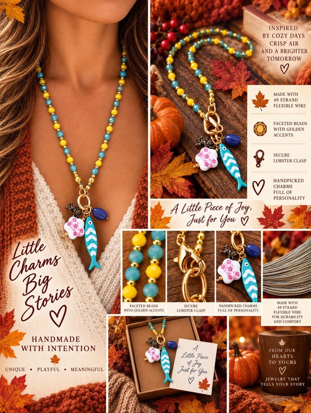 Sand to Silver Handmade Yellow & Teal Beaded Charm Necklace with Fish Pendant